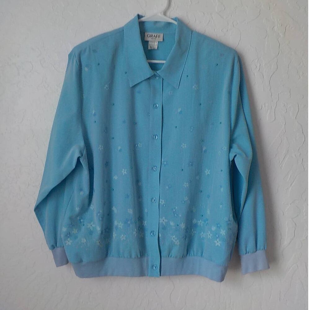 VTG GRAFF Blue Light Jacket Women Large Petite Floral Embroidery Button Up Cute